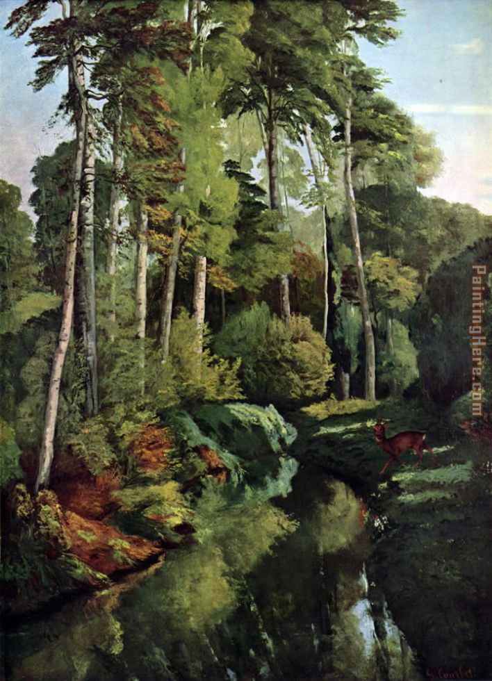 Waldbach with deer painting - Gustave Courbet Waldbach with deer art painting